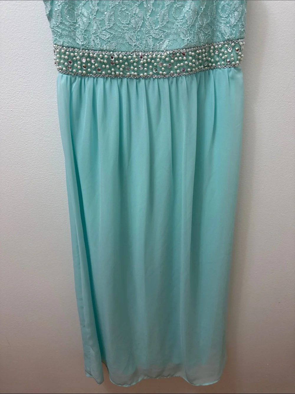 Tween Dive Girls' Aqua Lace Chiffon Gown with Beaded Waistband
